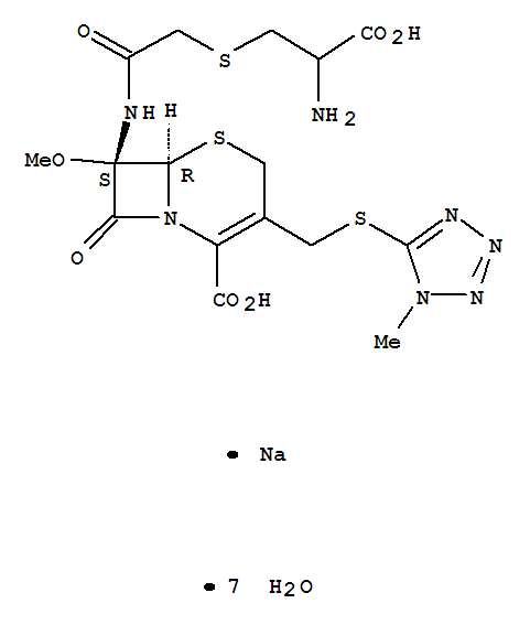 (6R,7S)-7-[(S)-2-[(2-氨基-2-羧乙基)硫]乙酰氨基]-7-甲氧基-3-[(1-甲基-1H-四唑-5-基)硫]甲基]-8-氧代-5-硫杂-1-氮杂双环[4.2.0]辛-2-烯-2-甲酸钠盐结构式