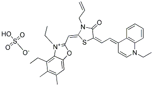Structure of ethyl 2-[[3-allyl-5-[(1-ethyl-1H-quinolin-4-ylidene)ethylidene]-4-oxothiazolidin-2-ylidene]methyl]-3-ethyl-5,6-dimethylbenzoxazolium sulphate