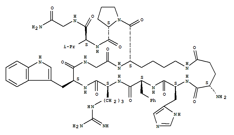 Structure of glutamyl-histidyl-phenylalanyl-arginyl-tryptophyl-glycyl-lysyl-prolyl-valyl-glycinamide cyclic peptide
