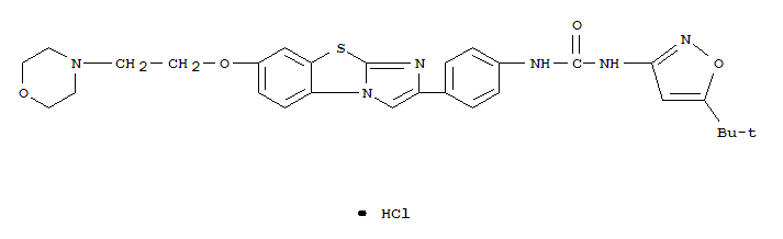 Structure of Urea,N-[5-(1,1-dimethylethyl)-3-isoxazolyl]-N'-[4-[7-[2-(4-morpholinyl)ethoxy]imidazo[2,1-b]benzothiazol-2-yl]phenyl]-,hydrochloride (1:1)