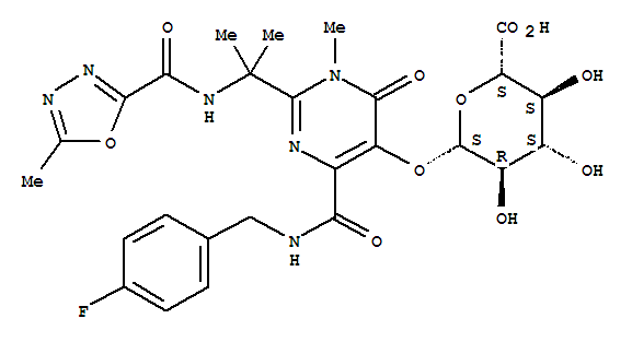 4-[[[(4-Fluorophenyl)methyl]amino]carbonyl]-1,6-dihydro-1-methyl-2-[1-methyl-1-[[(5-methyl-1,3,4-oxadiazol-2-yl)carbonyl]amino]ethyl]-6-oxopyrimidin-5-yl  -D-Glucopyranosiduronic Acid结构式